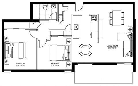 Floor plan for 2 beds, 1 bath, 914 sqft